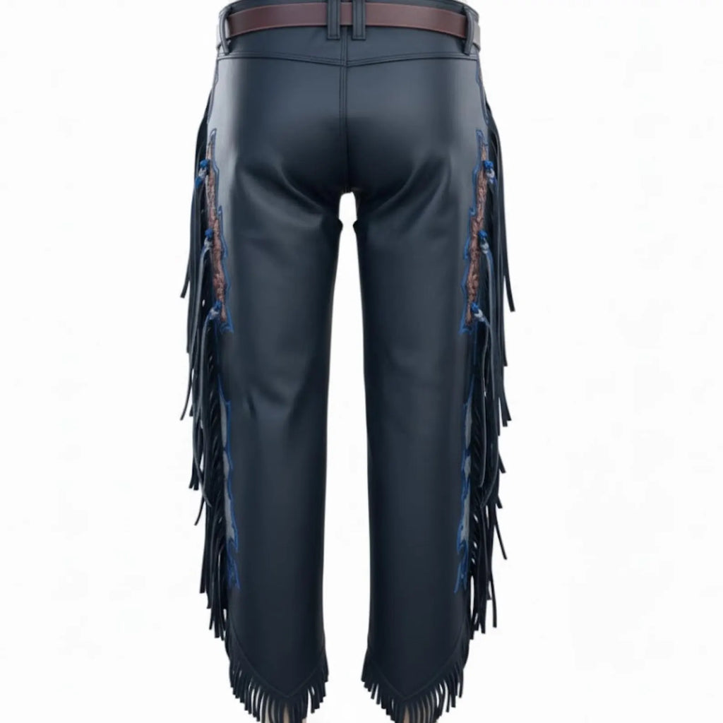 Custom Tooled Blue Leather Rodeo Chaps with Brown Accents and Flowing Side Fringe.