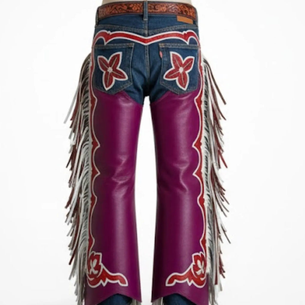 Handmade Purple Leather Chaps – Custom Western Rodeo Chaps with Fringe