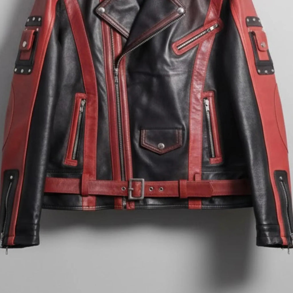 Handmade Red Black Leather Jacket – Stylish Biker Outerwear for Men