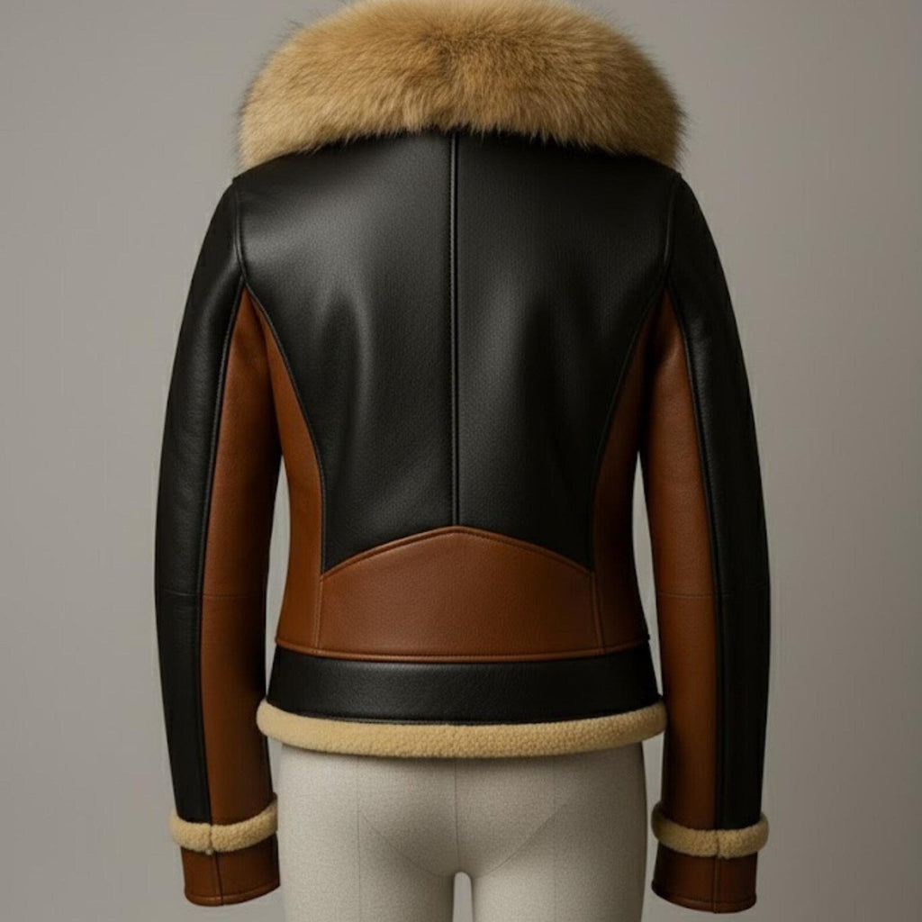 Handmade Black Leather Shearling Jacket – Women's Winter Aviator Coat