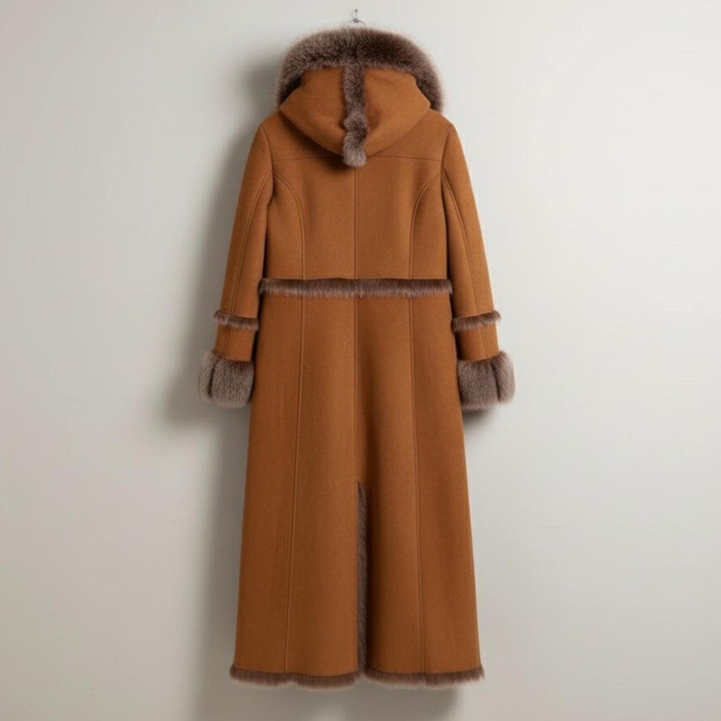 Cozy Brown Shearling Coat – Elegant Fox Fur Hooded Long Winter Wear