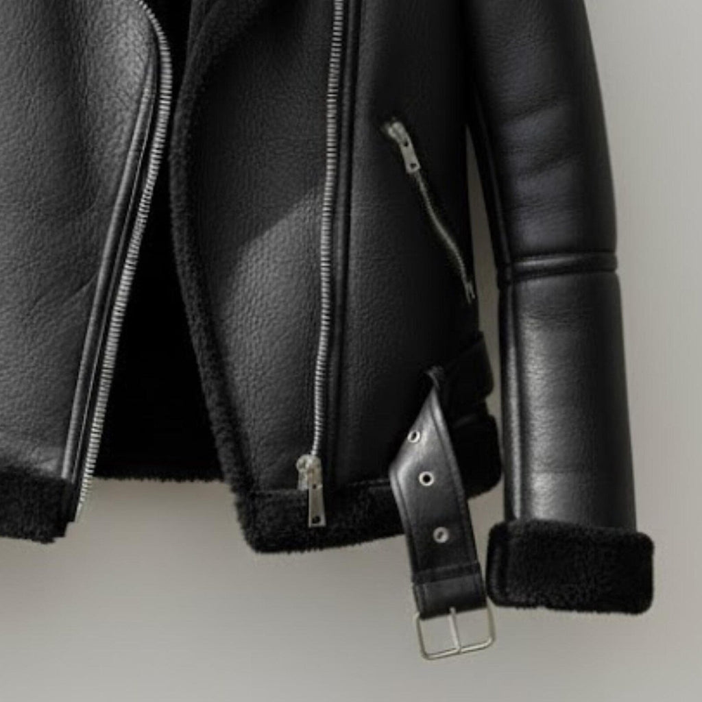 Handmade Black Shearling Jacket – Womens Warm Aviator Biker Coat, Winter Streetwear, Thick Fur-Lined Motorcycle