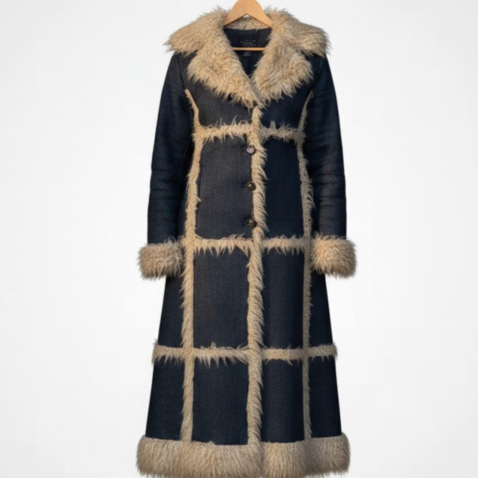Long Denim Faux Shearling Coat for Women – Vintage 70s Style Winter Jacket, Warm Faux