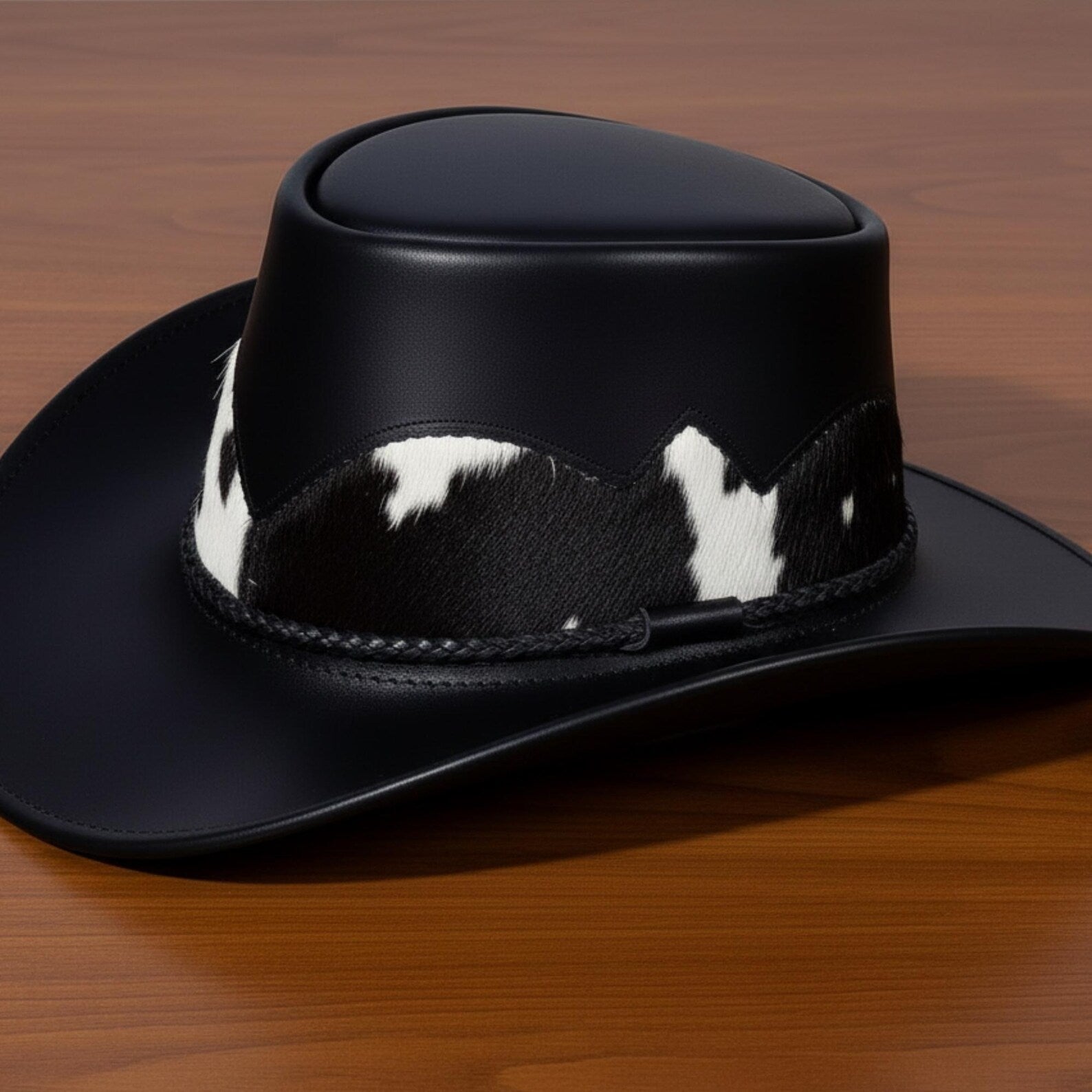 Handmade Black Leather Cowboy Hat Cow Print Band – Western Rodeo Style