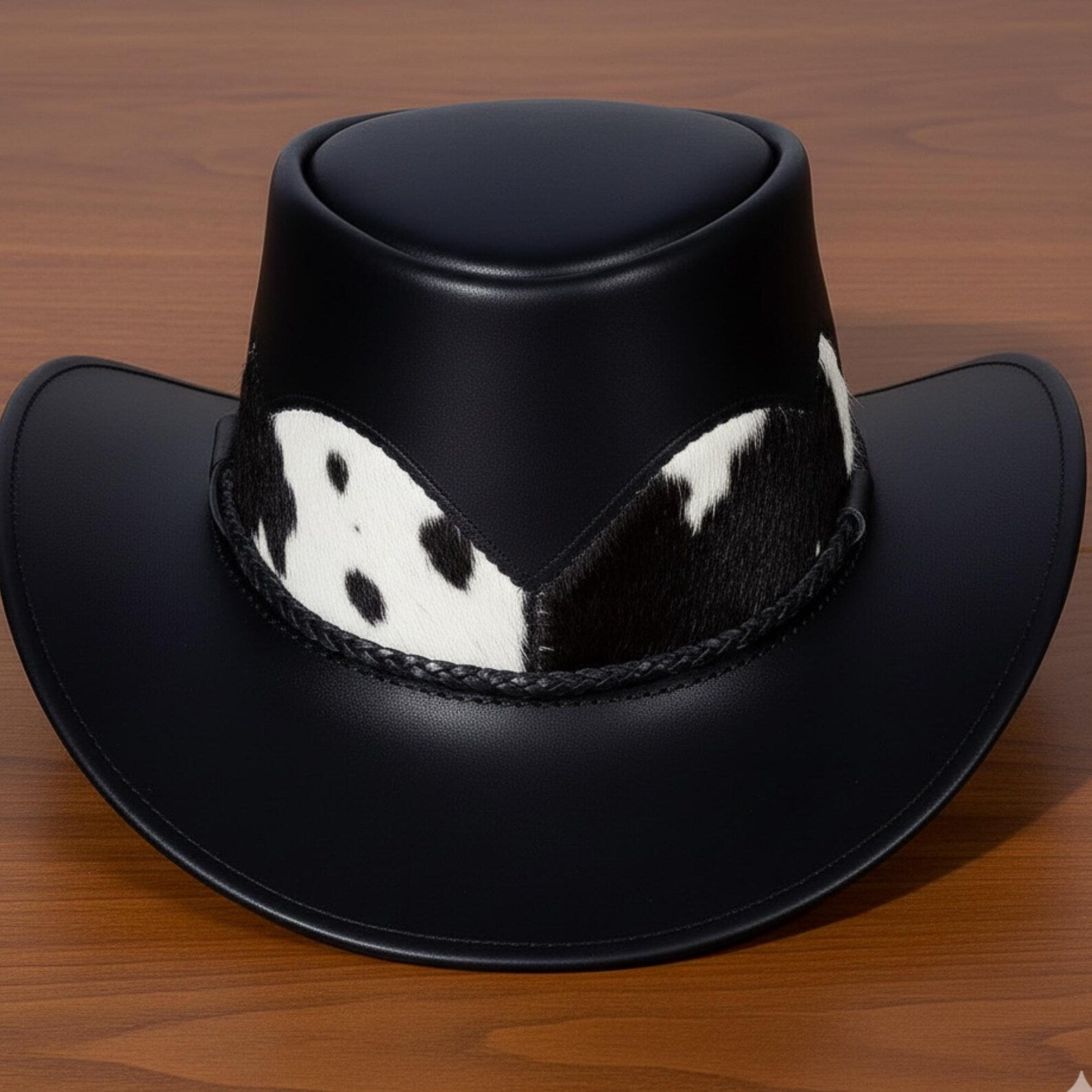 Handmade Black Leather Cowboy Hat Cow Print Band – Western Rodeo Style