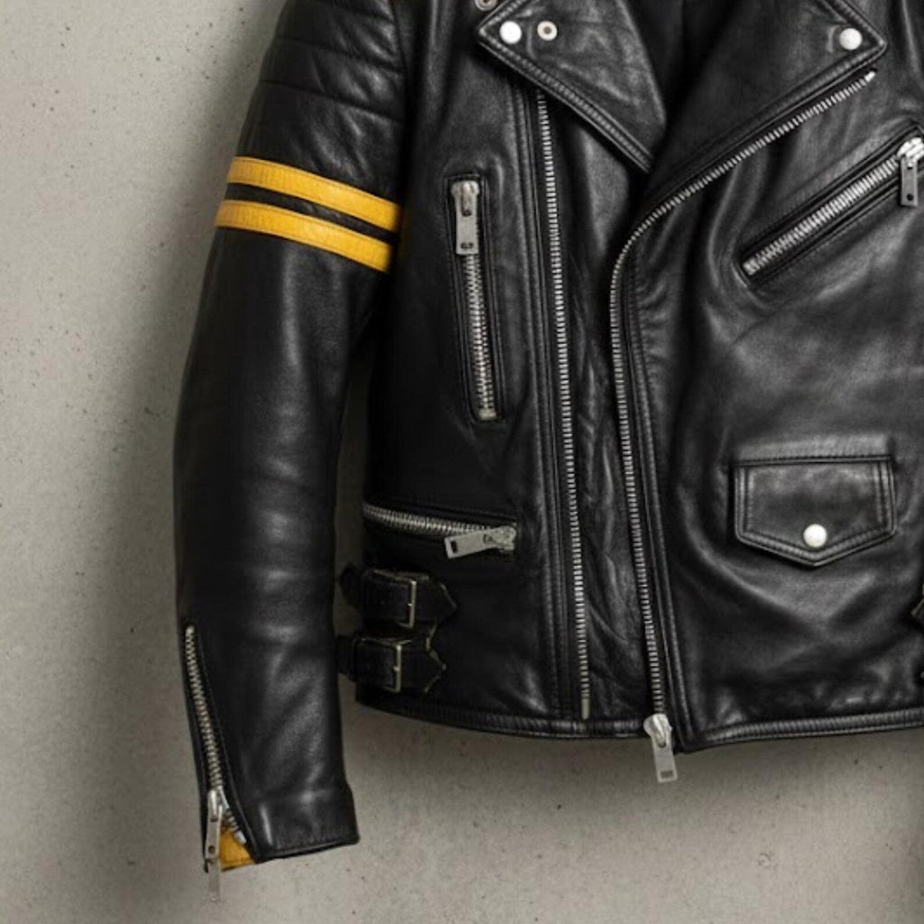 Handmade Black Yellow Leather Biker Jacket – Mens Motorcycle Cafe Racer Coat