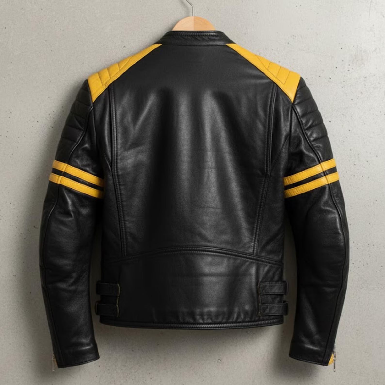 Handmade Black Yellow Leather Biker Jacket – Mens Motorcycle Cafe Racer Coat