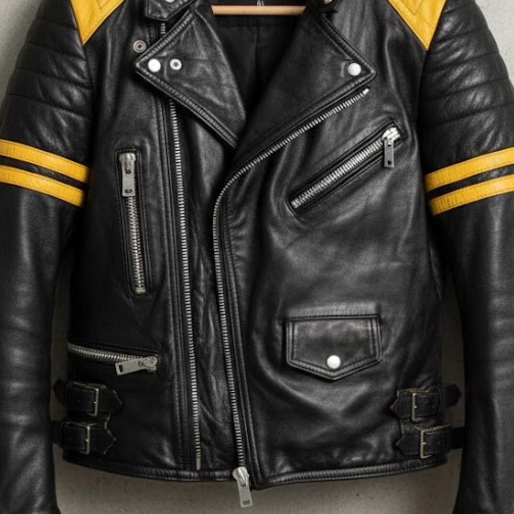 Handmade Black Yellow Leather Biker Jacket – Mens Motorcycle Cafe Racer Coat