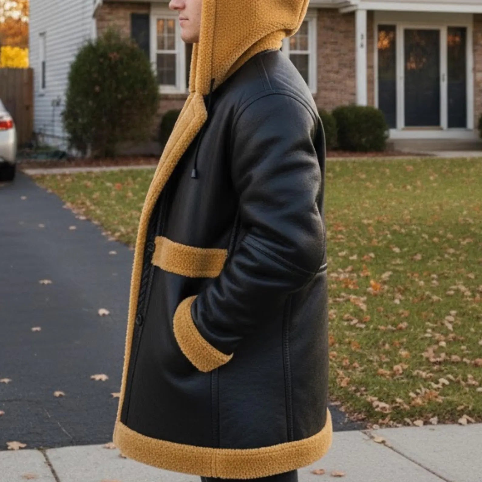 Men's Black Leather Shearling Coat with Tan Wool Lining – Hooded Winter Jacket