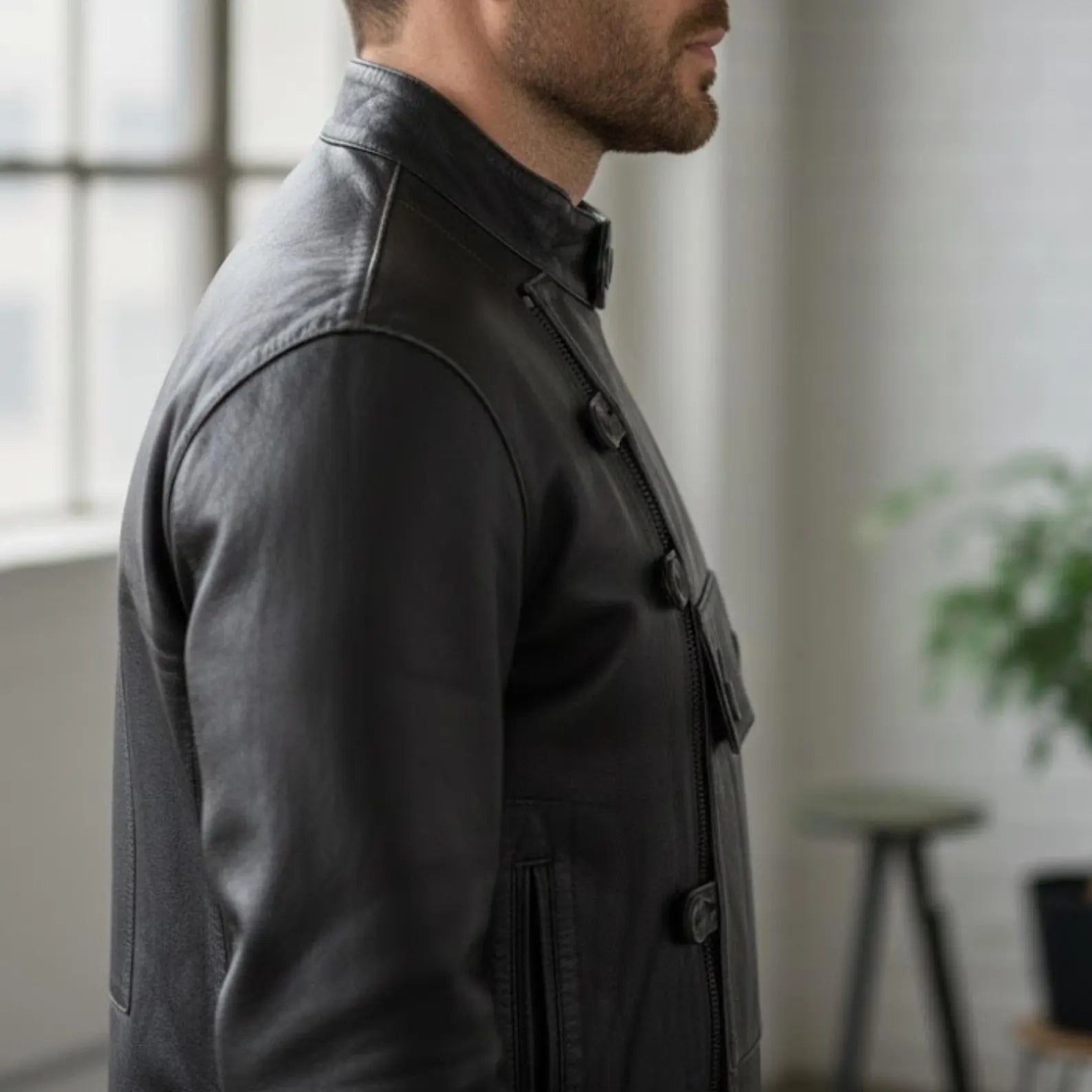 Handmade Dark Grey Leather Jacket – Asymmetric Jacket Biker Style