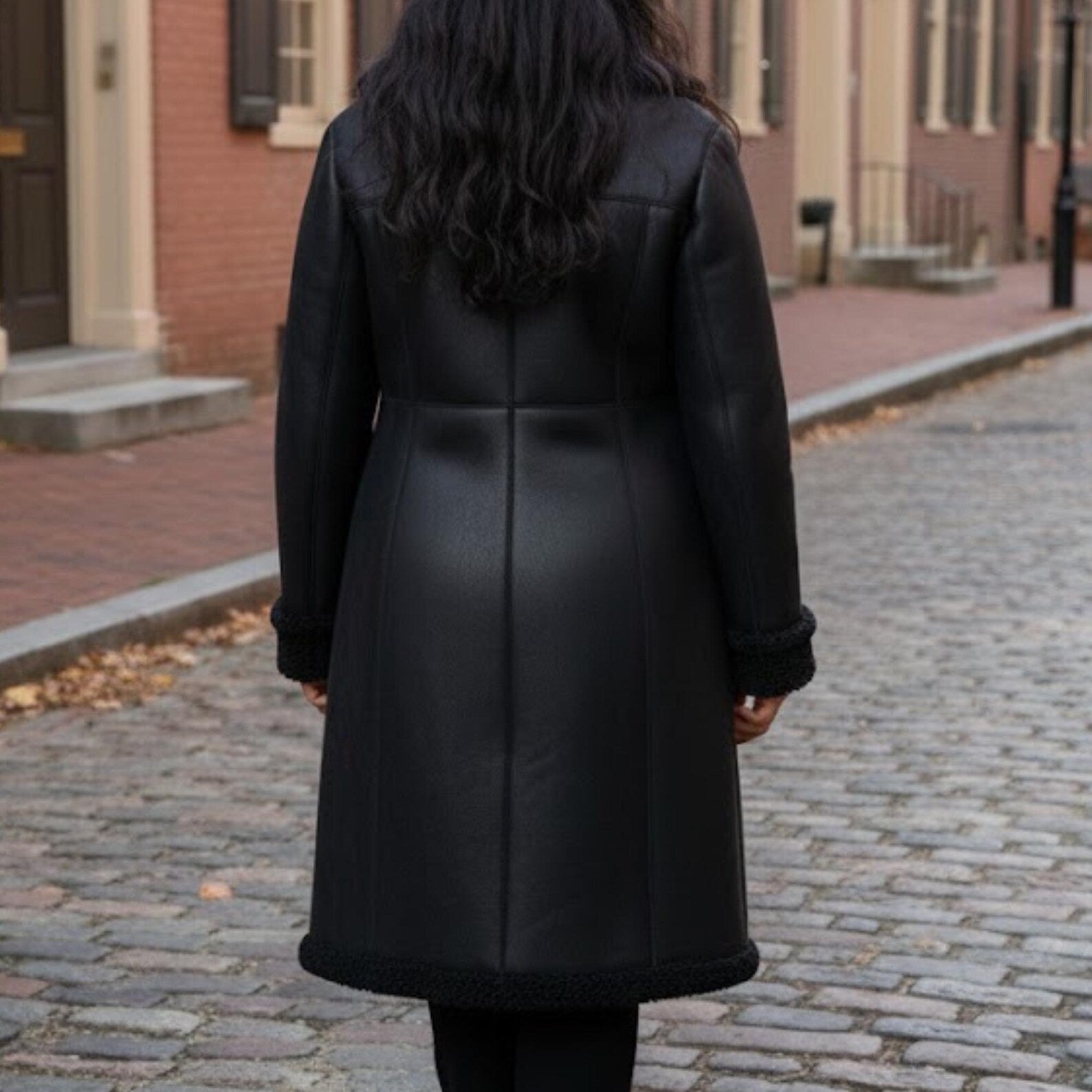 Handmade Black Shearling Coat Women – Long Leather Jacket Winter Outerwear