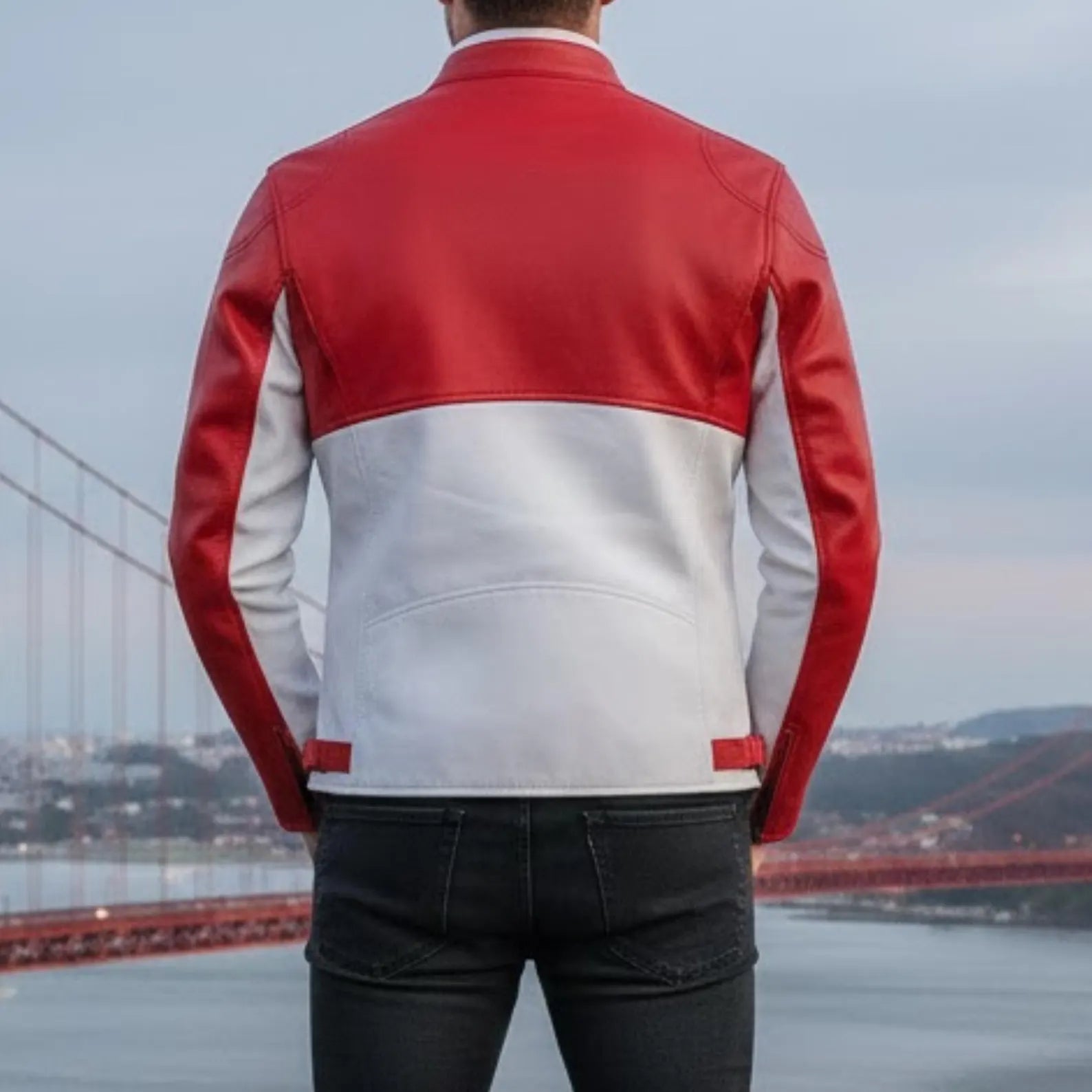 Handmade Red White Leather Biker Jacket – Men's Cafe Racer Style Gear