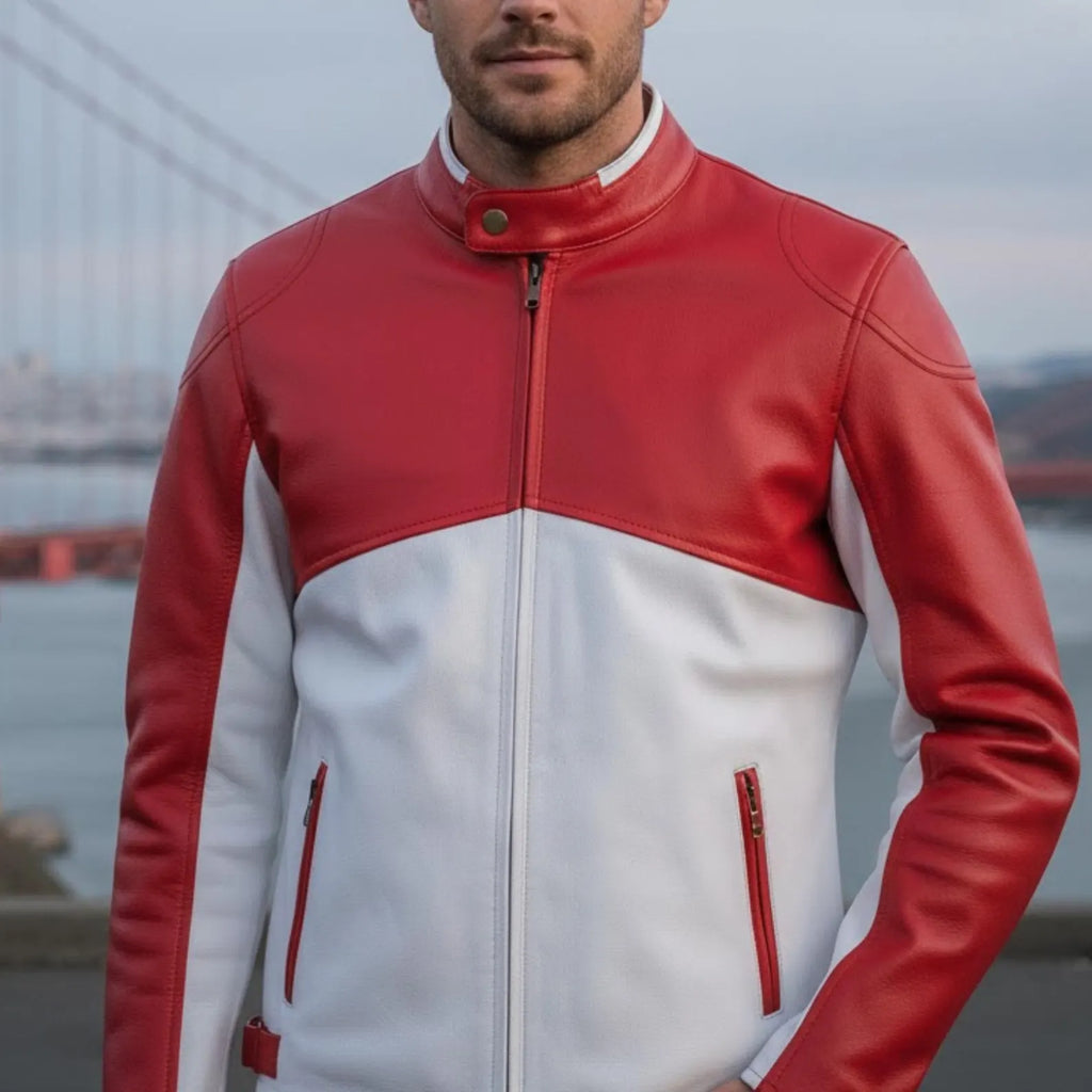 Handmade Red White Leather Biker Jacket – Men's Cafe Racer Style Gear