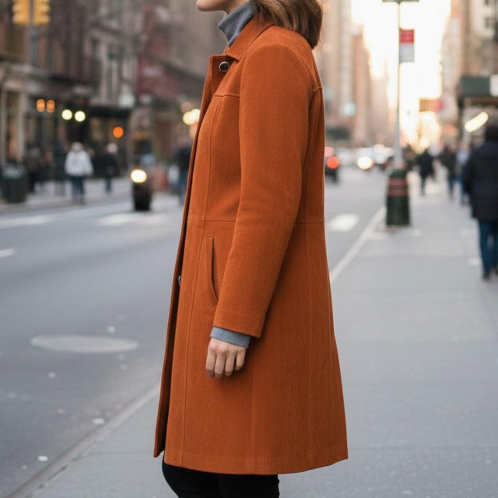 Women’s Rust Suede Long Coat –Elegant Minimalist Winter Jacket, Button Front Casual Street Style