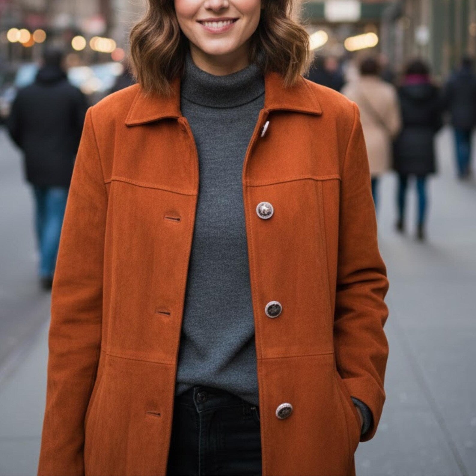 Women’s Rust Suede Long Coat –Elegant Minimalist Winter Jacket, Button Front Casual Street Style