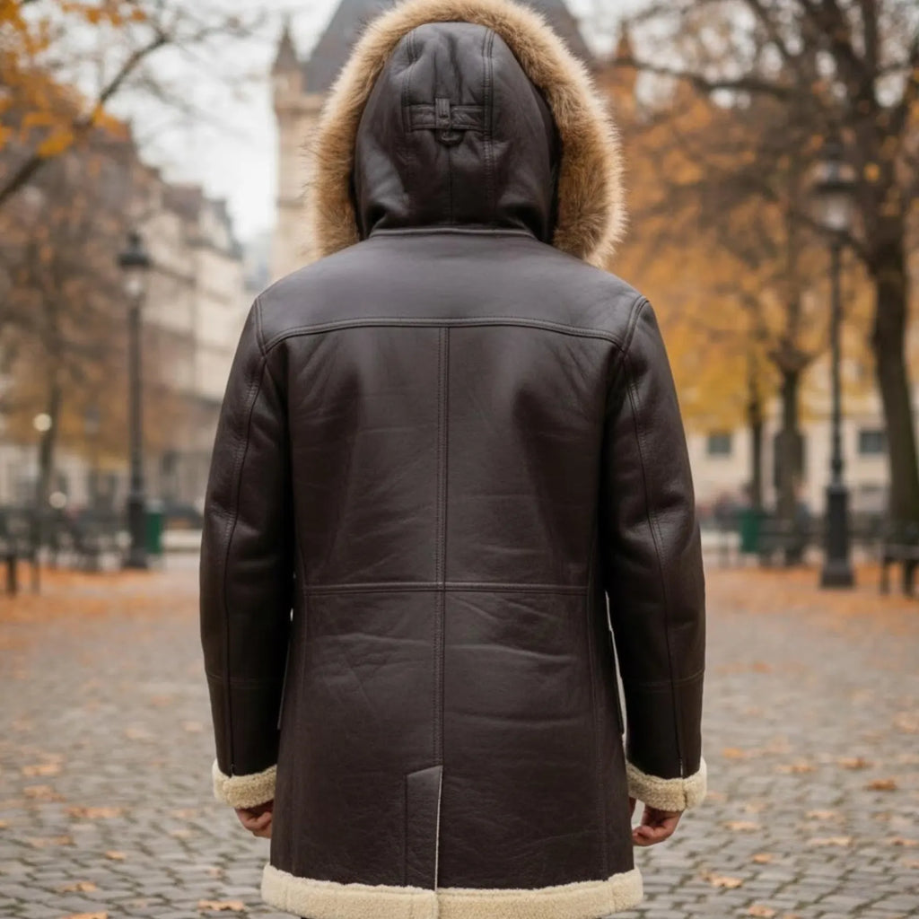 Vintage Men's Brown Sheepskin Shearling Leather Duffle Coat, a Timeless Classic Winter Jacket