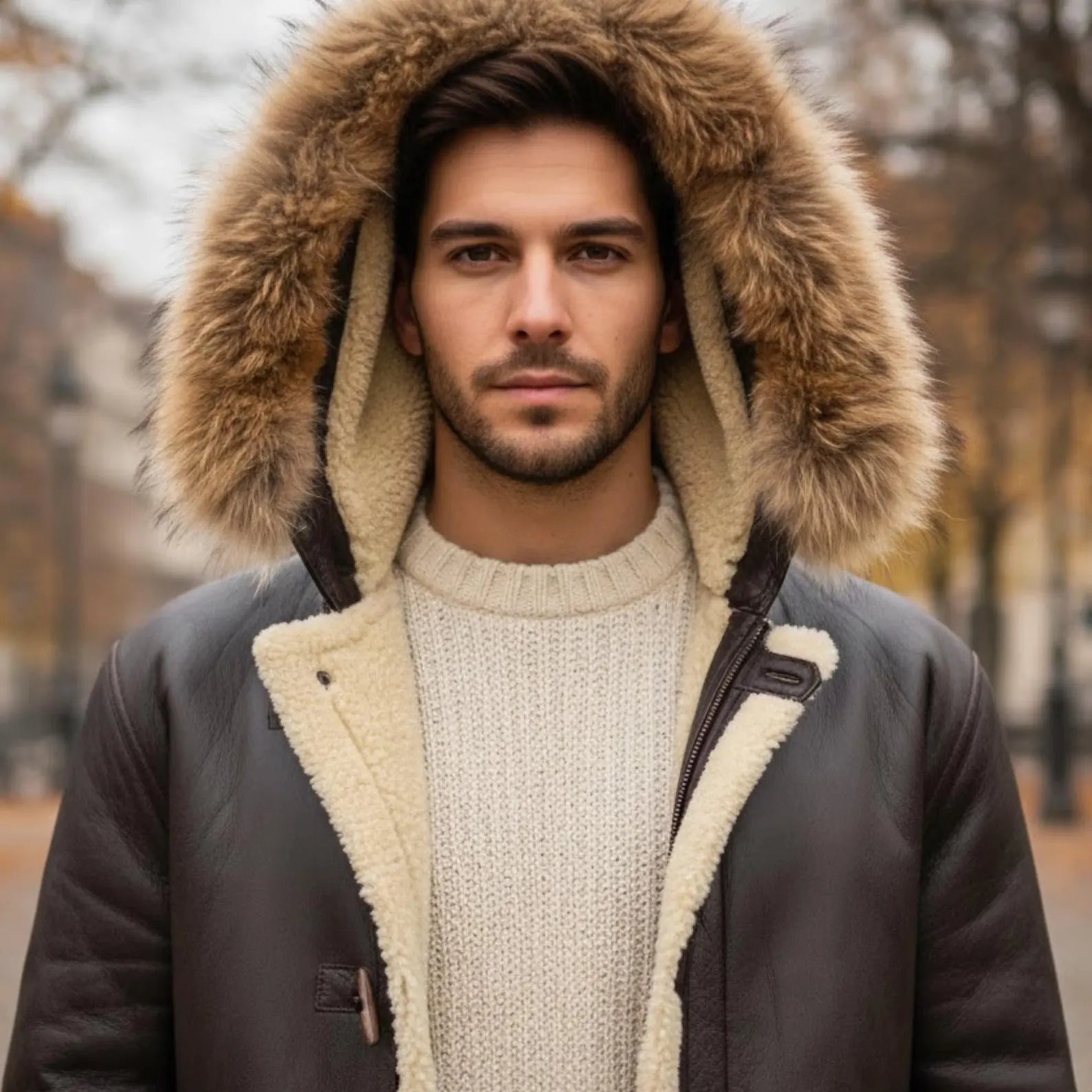 Vintage Men's Brown Sheepskin Shearling Leather Duffle Coat, a Timeless Classic Winter Jacket