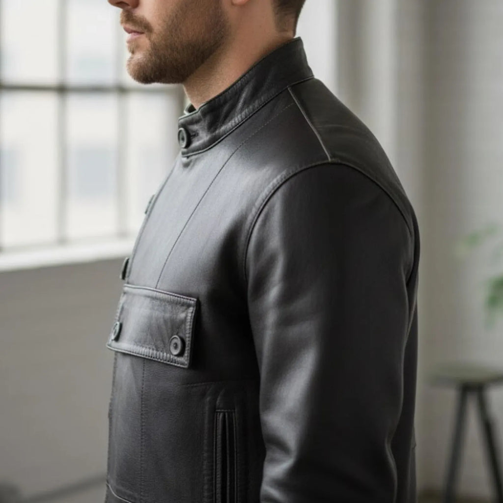 Handmade Dark Grey Leather Jacket – Asymmetric Jacket Biker Style