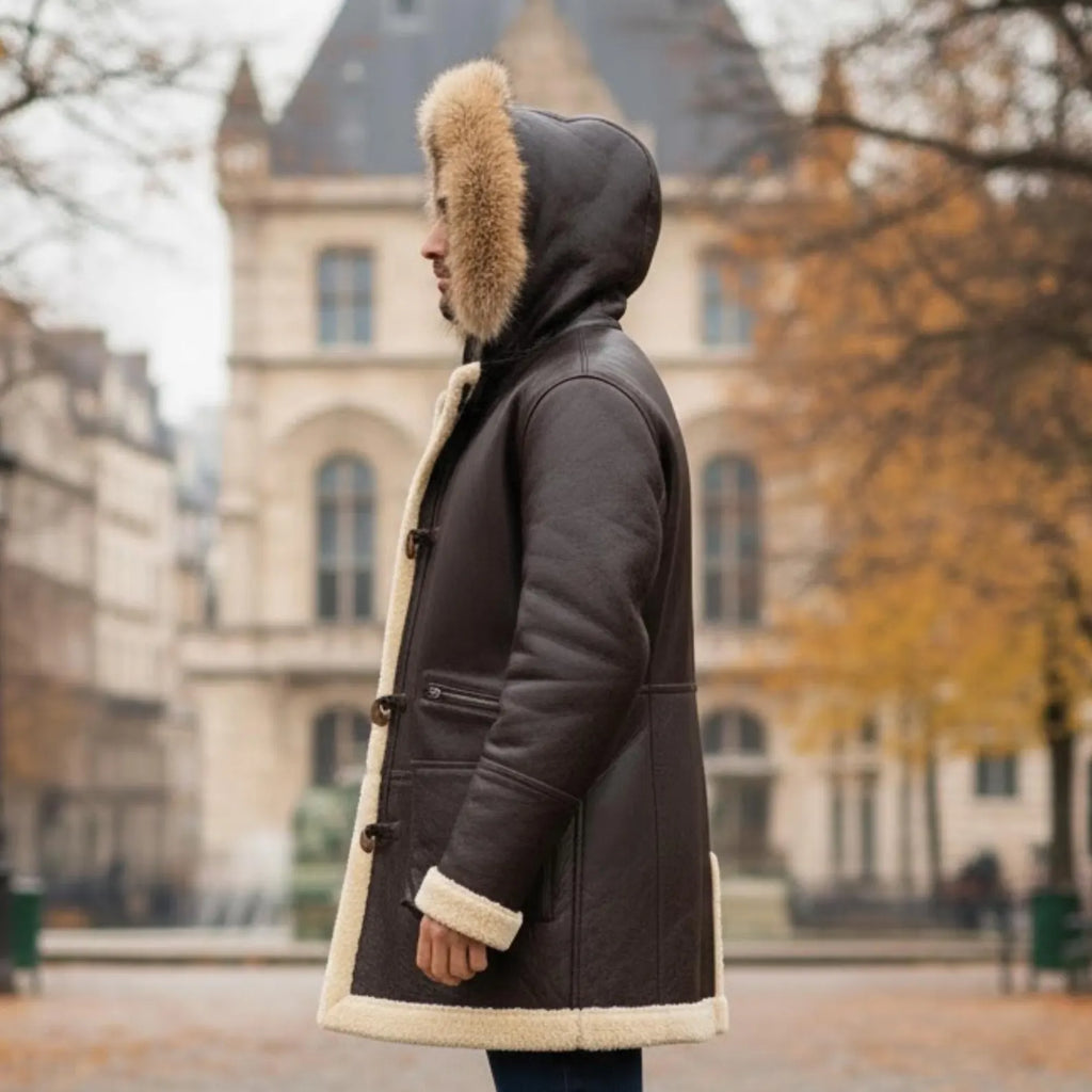 Vintage Men's Brown Sheepskin Shearling Leather Duffle Coat, a Timeless Classic Winter Jacket