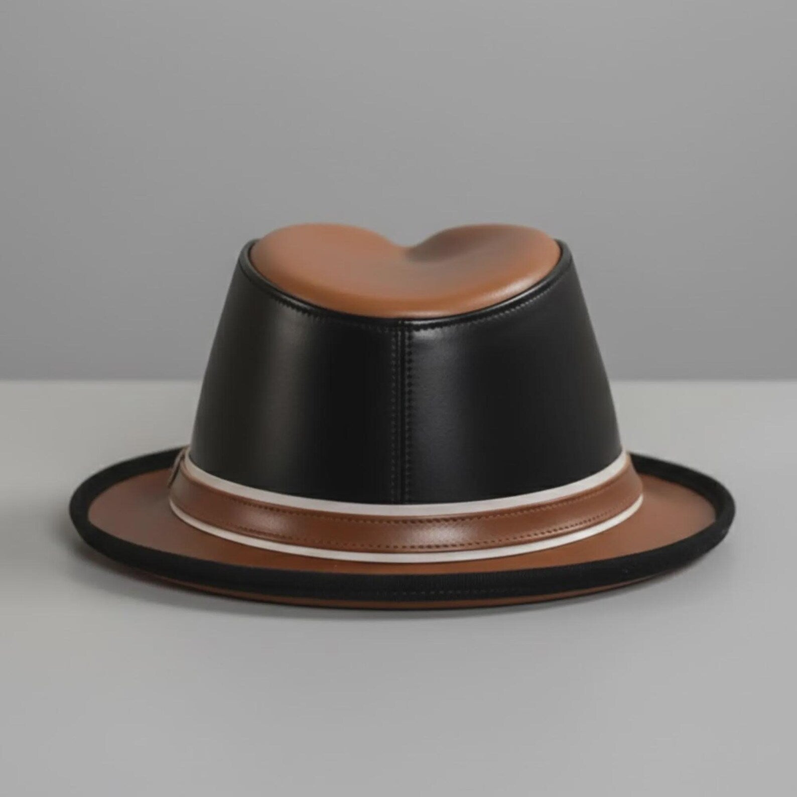 Handmade Leather Fedora Hat Two-Tone Brown Black Stylish Wide Brim Headwear Trendy Mens Gift