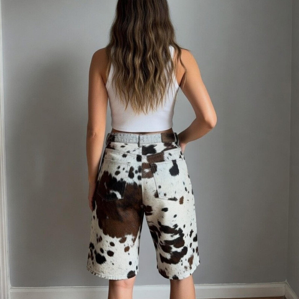 Handmade Cowhide Bermuda Shorts Women Brown White Real Hair On Leather Western Trendy Cowgirl